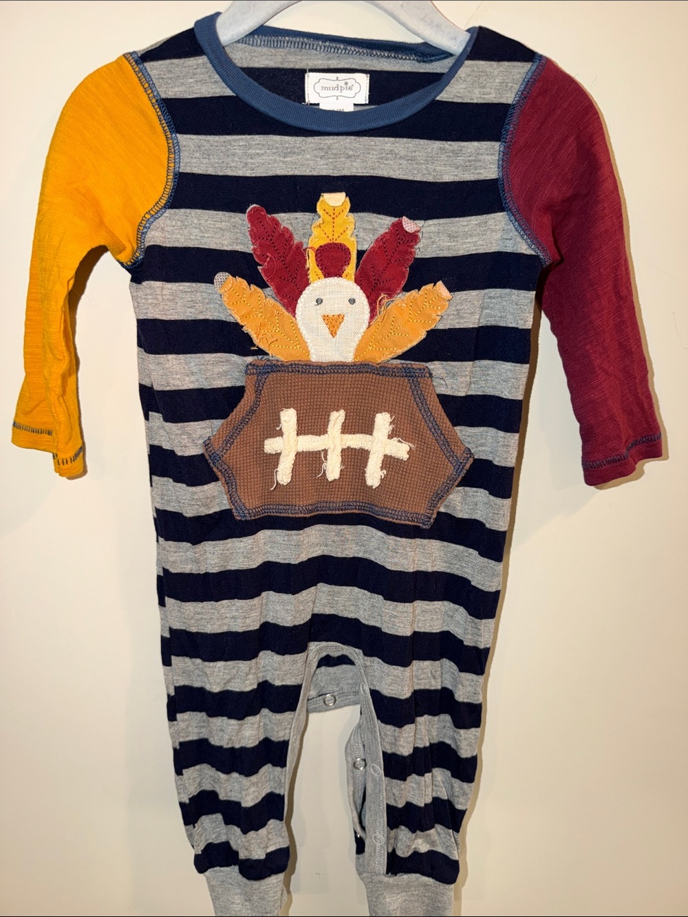 Mud Pie Navy & Gray Striped Turkey Appliqué One-Piece with Colorful Sleeves
